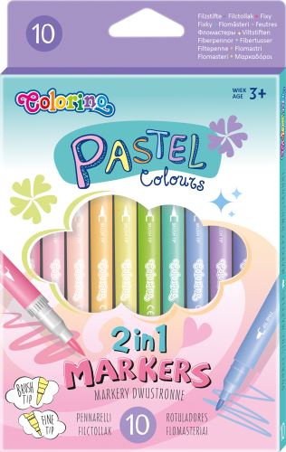 COLORINO Fixy kulaté oboustranné pastelové, trojhranné, štětcový a tenký hrot - 10 barev