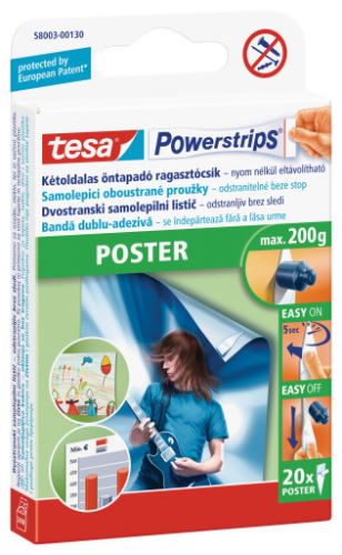 TESA Powerstrips Poster - oboustranné proužky na plakáty, nosnost 200 g, bílé, 20 ks